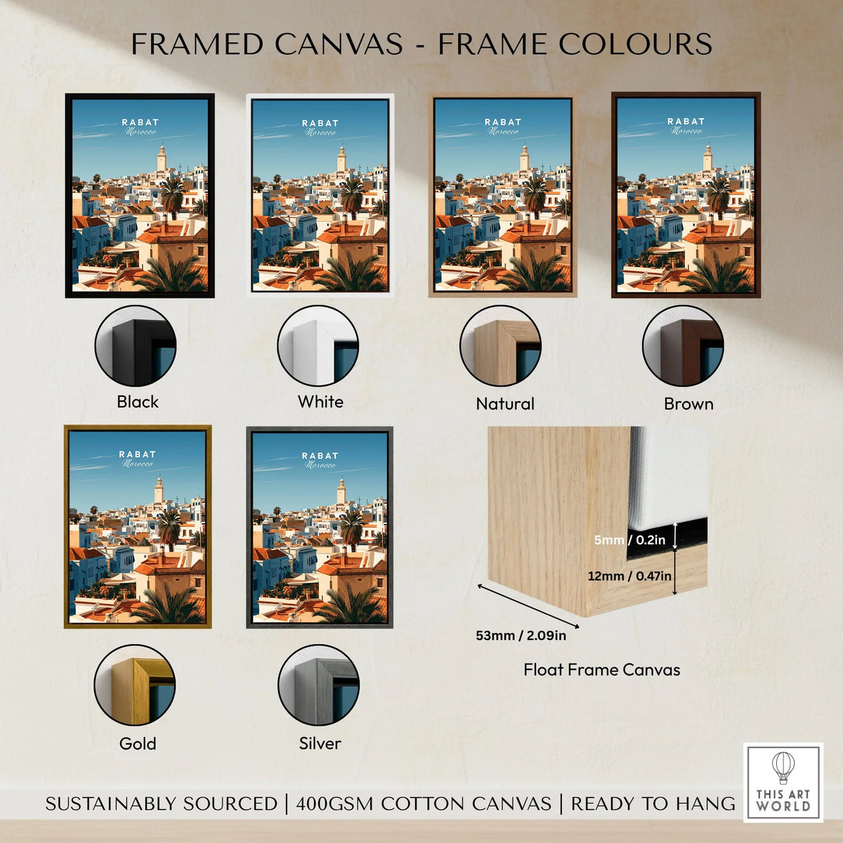 Rabat Morocco Medina Rooftops Travel Poster — medina rooftops and a pale minaret in late afternoon sun, shown as framed canvas float frame colour options