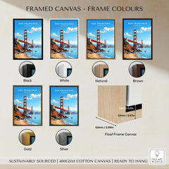 San Francisco Print framed canvas float frame colour options: black, white, natural, brown, gold and silver