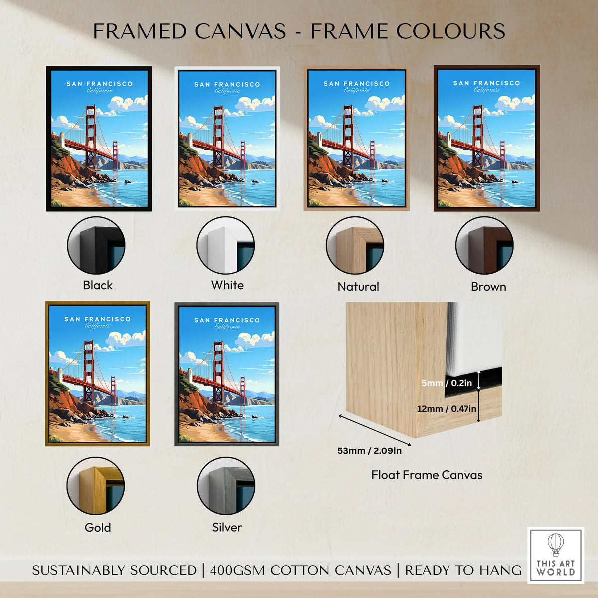 San Francisco Print framed canvas float frame colour options: black, white, natural, brown, gold and silver