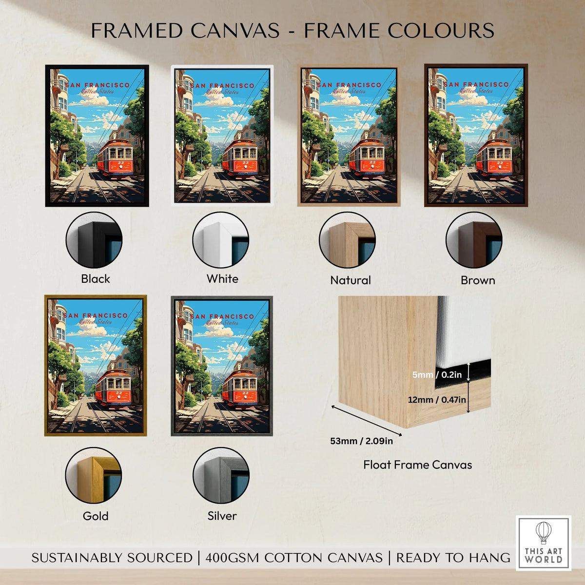 San Francisco Wall Art framed canvas float frame colour options: black, white, natural, brown, gold and silver