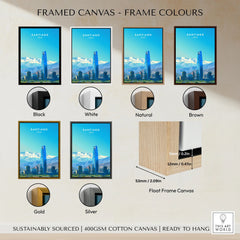 Santiago Travel Poster - Chile framed canvas float frame colour options: black, white, natural, brown, gold and silver