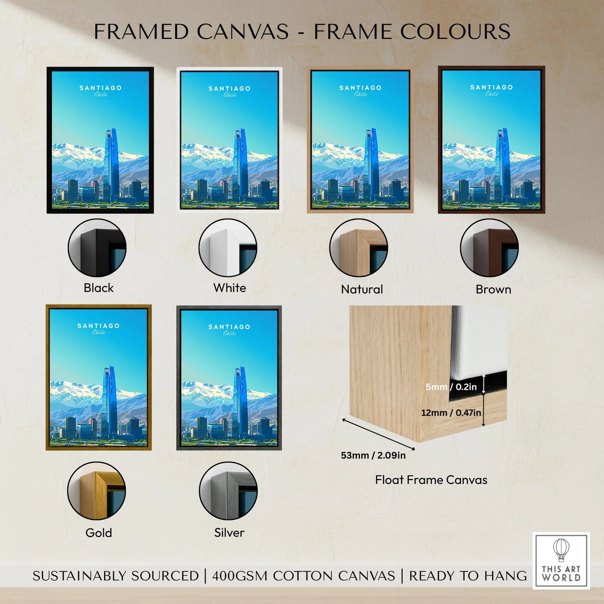 Santiago Travel Poster - Chile framed canvas float frame colour options: black, white, natural, brown, gold and silver