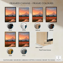 Suphan Buri Thailand Lotus Lake Travel Poster — a lotus-covered lake and temple spire at sunset beneath a mountain peak, shown as framed canvas float frame colour options