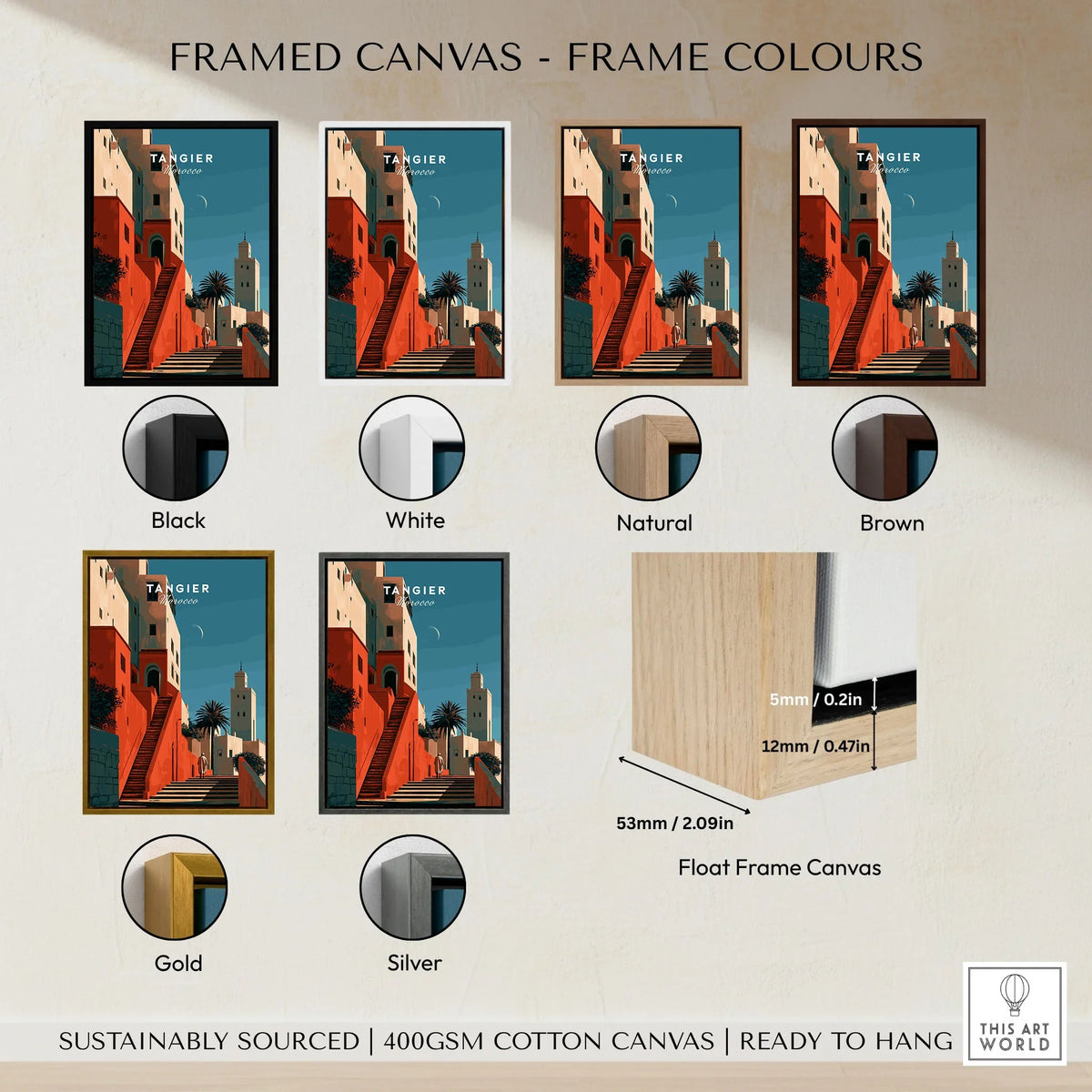 Tangier Morocco Kasbah Steps Travel Poster — coral kasbah steps climbing towards a minaret under a crescent moon, shown as framed canvas float frame colour options