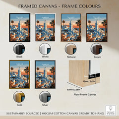 Tangier Morocco Sunset Medina Travel Poster — Tangier medina rooftops and a minaret above a bay dotted with sails, shown as framed canvas float frame colour options