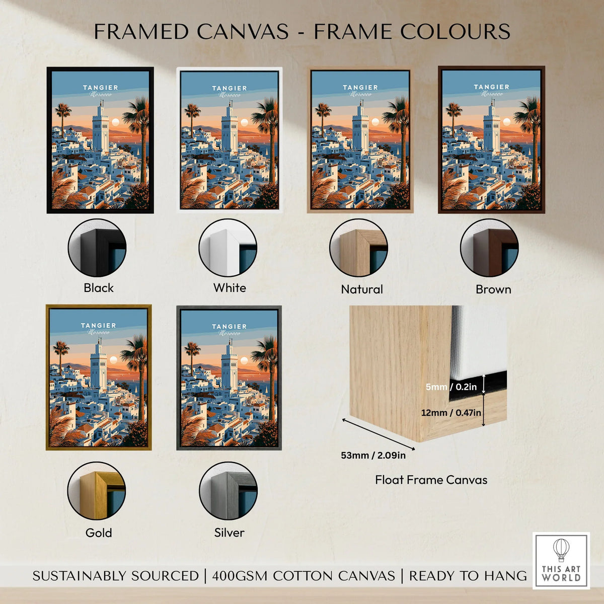 Tangier Morocco Sunset Medina Travel Poster — Tangier medina rooftops and a minaret above a bay dotted with sails, shown as framed canvas float frame colour options