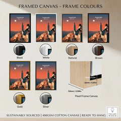 Tangier Morocco Golden Hour Travel Poster — a whitewashed hillside town and minaret glowing above the sea at sunset, shown as framed canvas float frame colour options