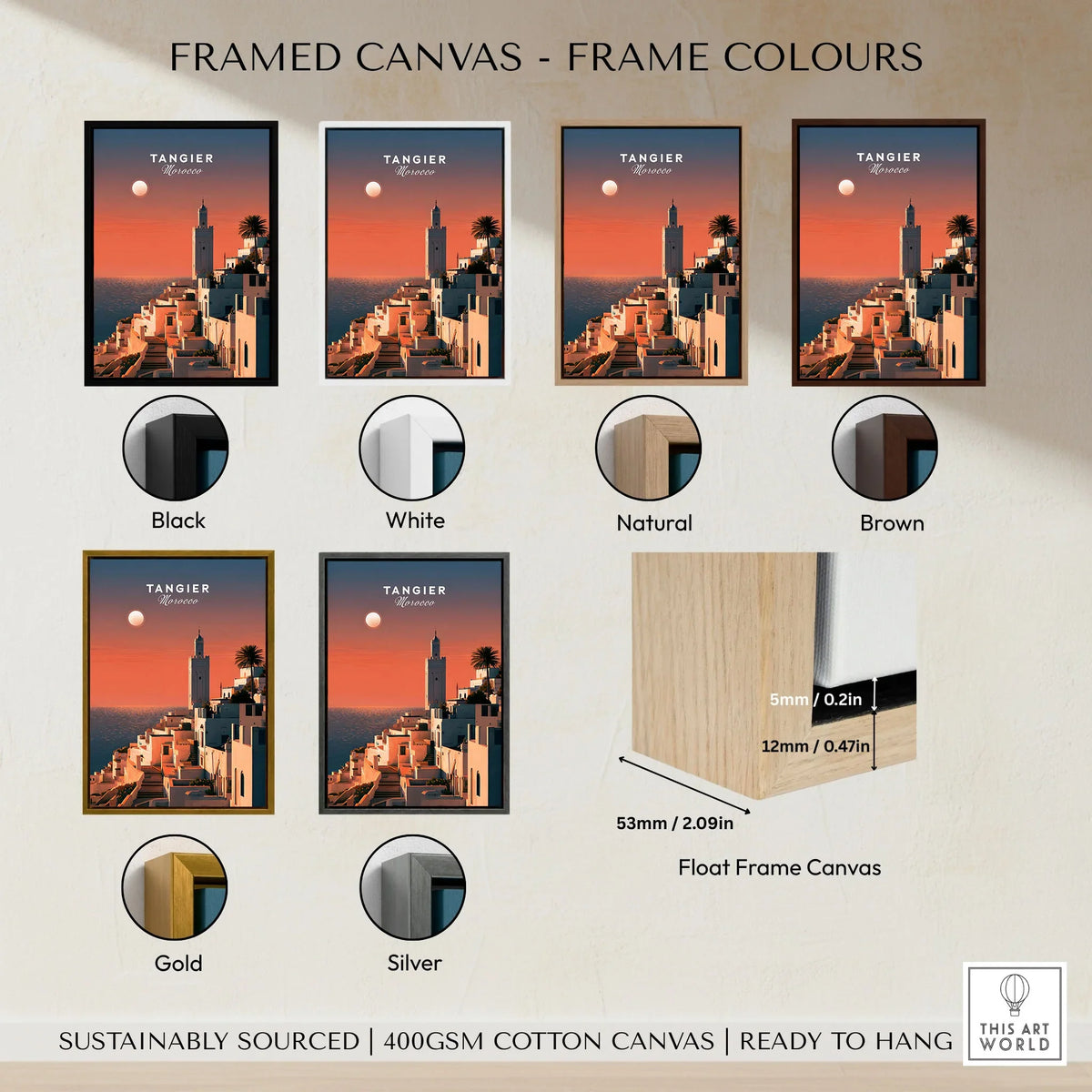Tangier Morocco Golden Hour Travel Poster — a whitewashed hillside town and minaret glowing above the sea at sunset, shown as framed canvas float frame colour options