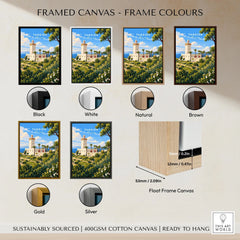 Tangier Morocco Cap Spartel Lighthouse Travel Poster — the Cap Spartel lighthouse above palm gardens and the blue strait, shown as framed canvas float frame colour options