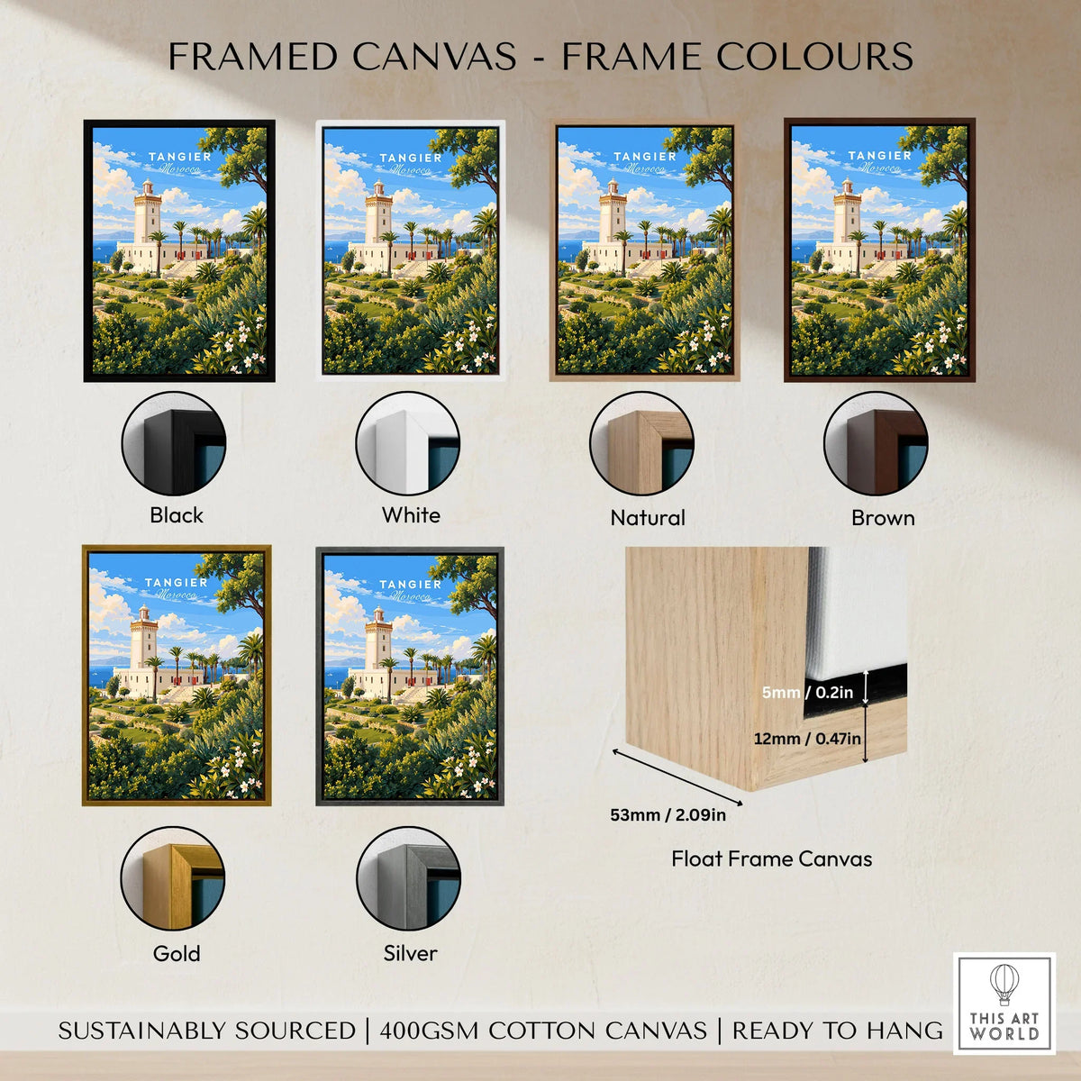 Tangier Morocco Cap Spartel Lighthouse Travel Poster — the Cap Spartel lighthouse above palm gardens and the blue strait, shown as framed canvas float frame colour options