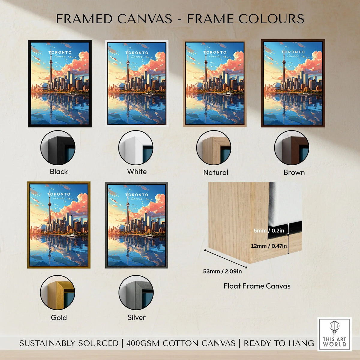 Toronto Poster framed canvas float frame colour options: black, white, natural, brown, gold and silver