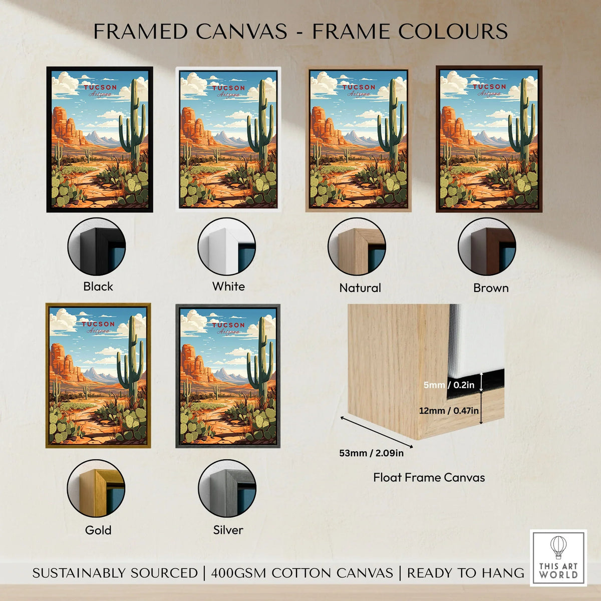 Tucson Arizona Print framed canvas float frame colour options: black, white, natural, brown, gold and silver