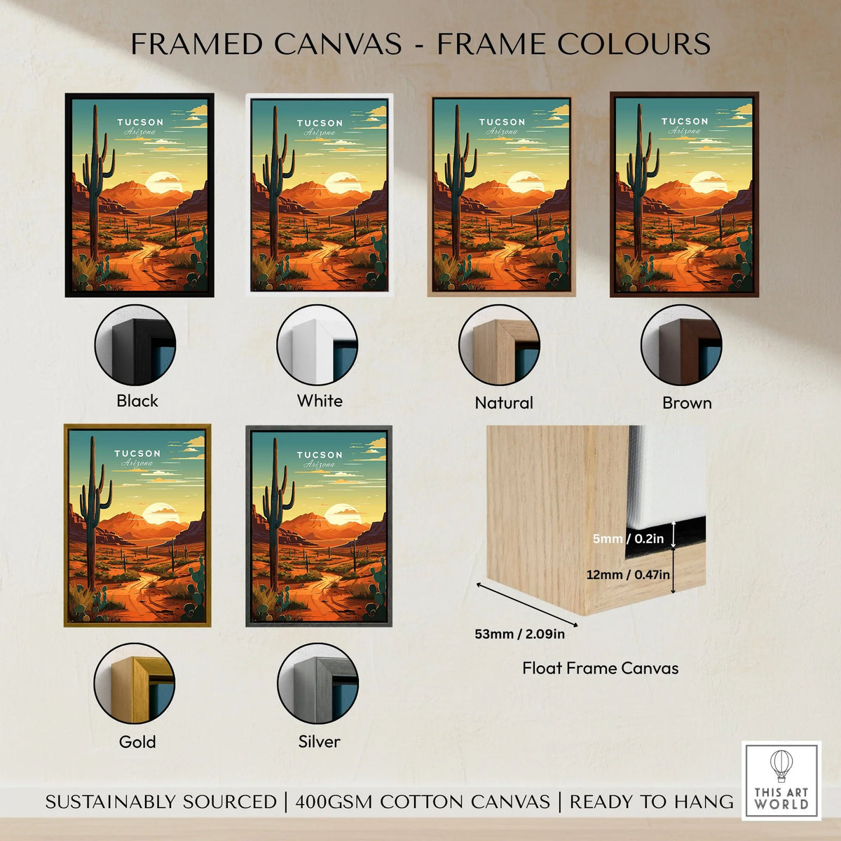 Tucson Arizona Poster framed canvas float frame colour options: black, white, natural, brown, gold and silver