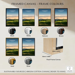 Turnberry Scotland Ailsa Craig Travel Poster — Ailsa Craig and the white lighthouse across rolling coastal turf at dusk, shown as framed canvas float frame colour options