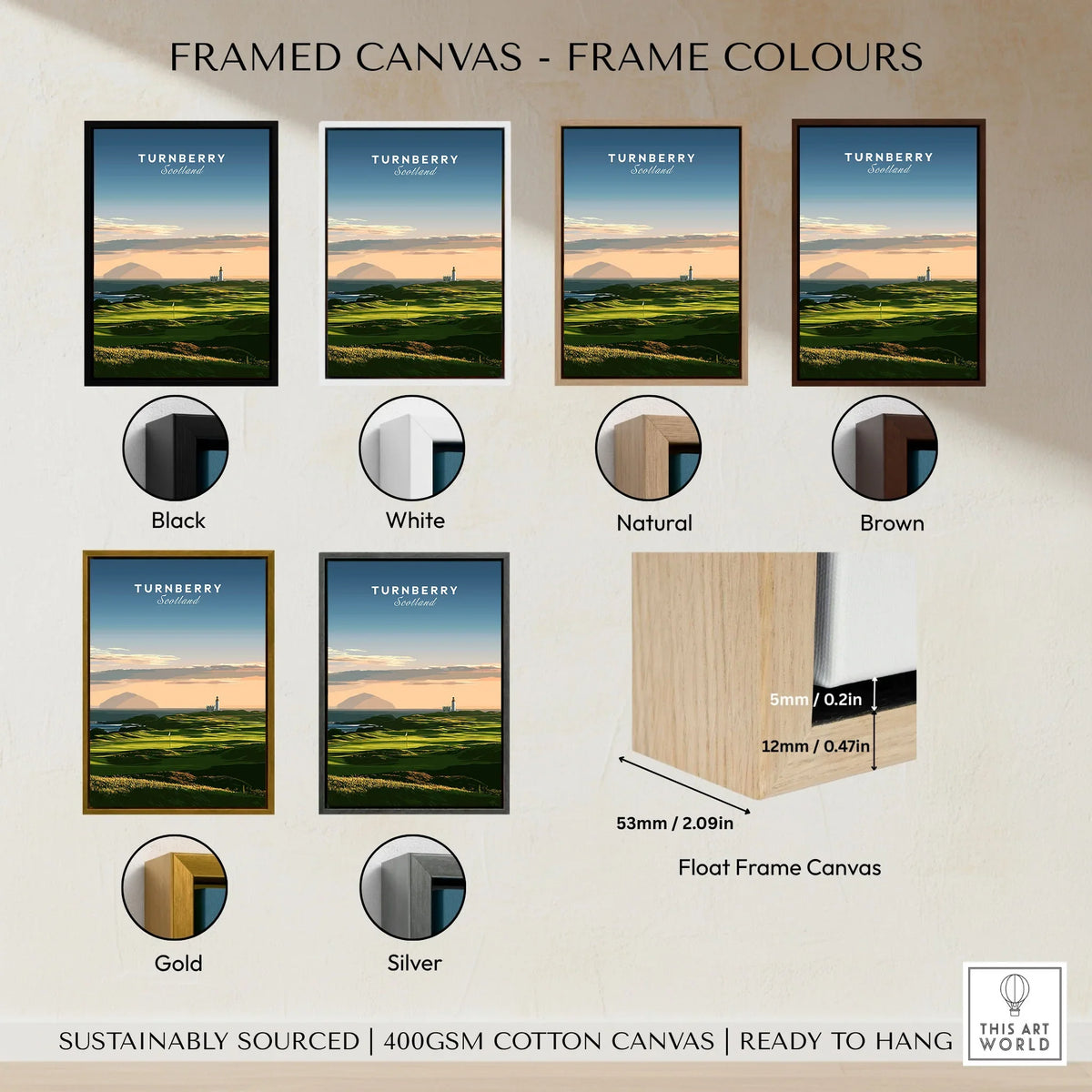 Turnberry Scotland Ailsa Craig Travel Poster — Ailsa Craig and the white lighthouse across rolling coastal turf at dusk, shown as framed canvas float frame colour options
