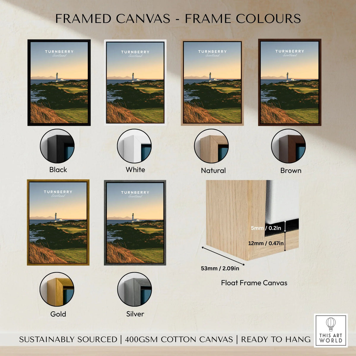 Turnberry Scotland Lighthouse Travel Poster — the Turnberry lighthouse above a rocky shore with the Arran hills beyond, shown as framed canvas float frame colour options