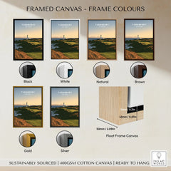 Turnberry Scotland Lighthouse Travel Poster — the Turnberry lighthouse above a rocky shore with the Arran hills beyond, shown as framed canvas float frame colour options