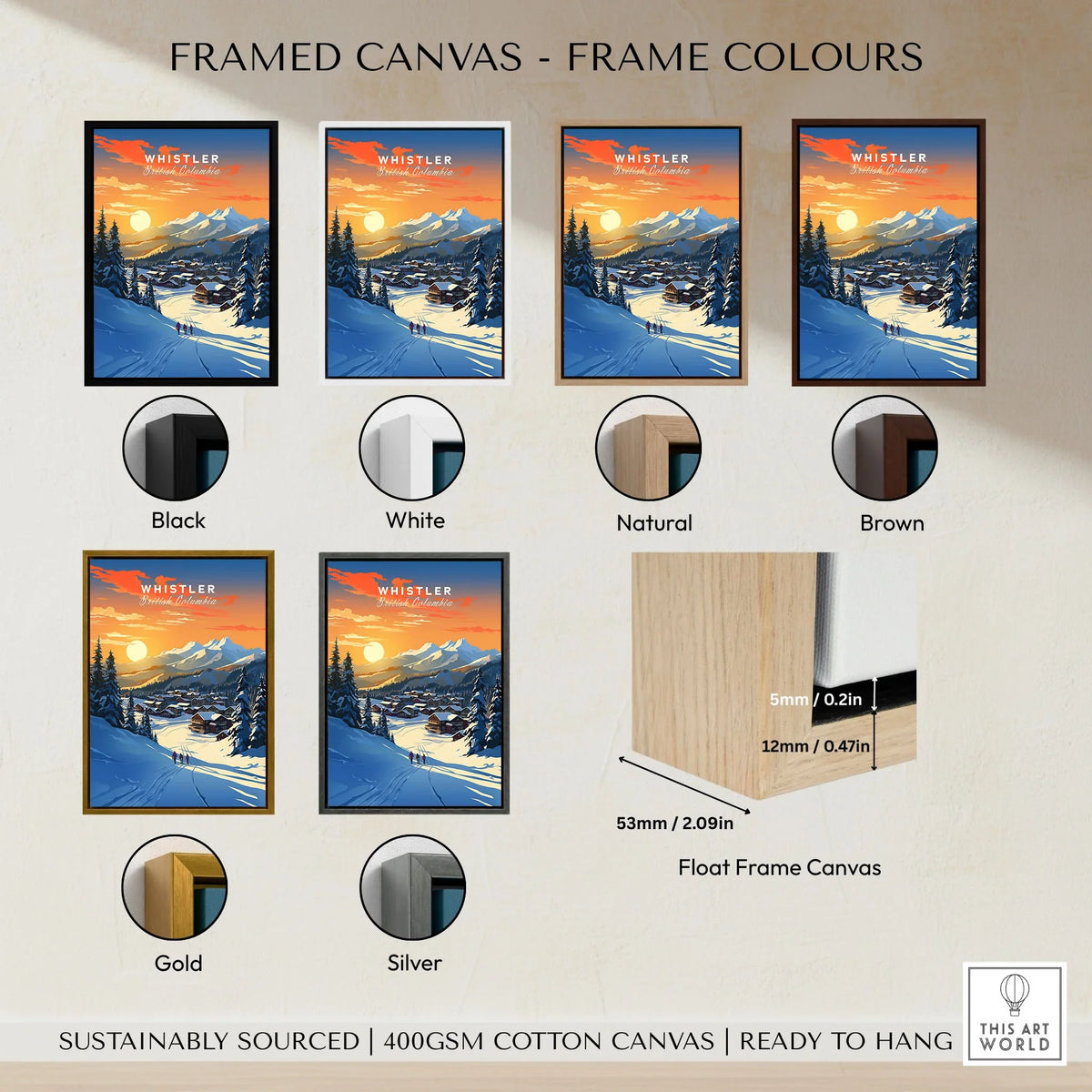 Whistler Wall Art Ski Print framed canvas float frame colour options: black, white, natural, brown, gold and silver