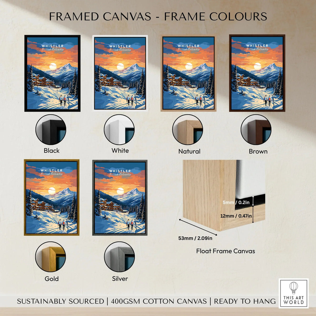 Whistler Poster framed canvas float frame colour options: black, white, natural, brown, gold and silver