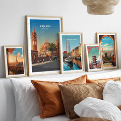 Asmara Travel Poster – Eritrea Cathedral and Bell Tower Art Print displayed among other city art prints.