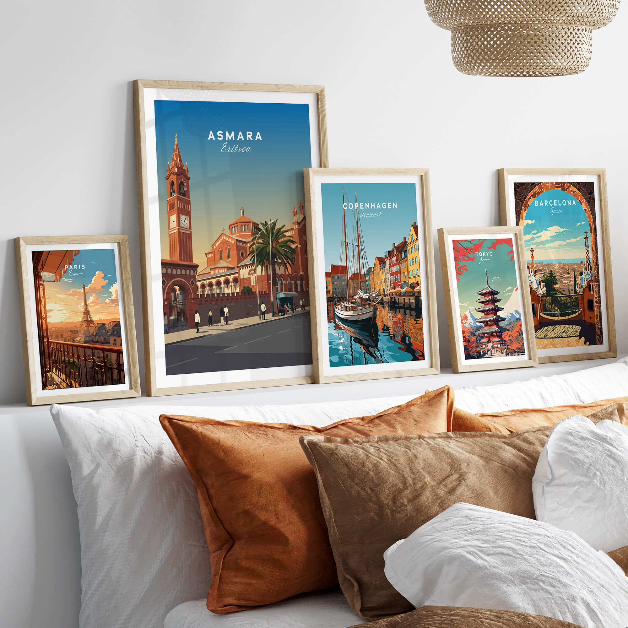 Asmara Travel Poster – Eritrea Cathedral and Bell Tower Art Print displayed among other city art prints.