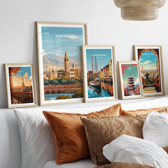 Asmara Travel Poster – Cityscape Skyline and Mountain Landscape Art Print displayed in a cozy living room with framed artwork.