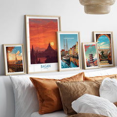 Bagan Myanmar Wall Art – Buddhist Pagoda Skyline Canvas Print displayed on a stylish wall above a cozy sofa.