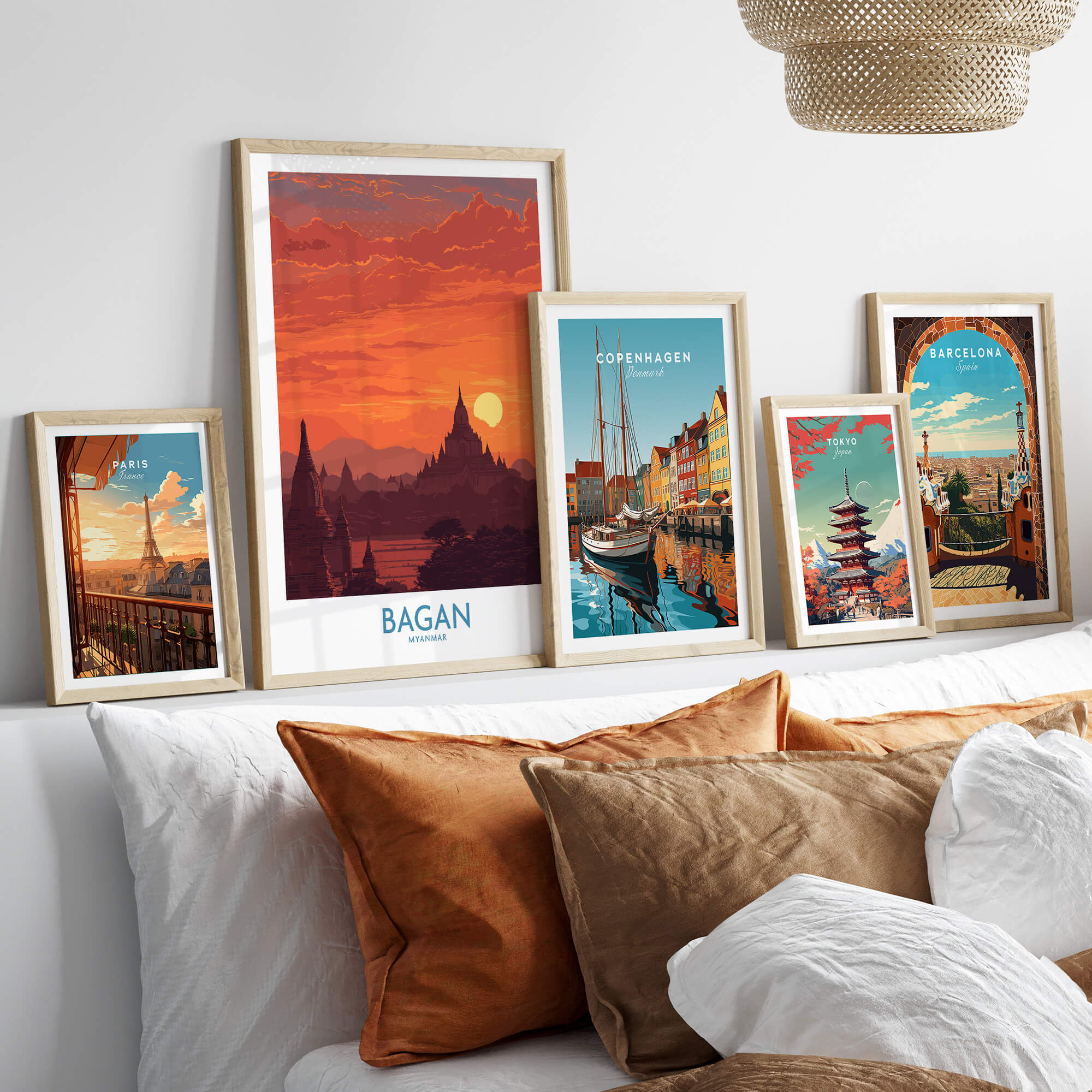 Bagan Myanmar Wall Art – Buddhist Pagoda Skyline Canvas Print displayed on a stylish wall above a cozy sofa.