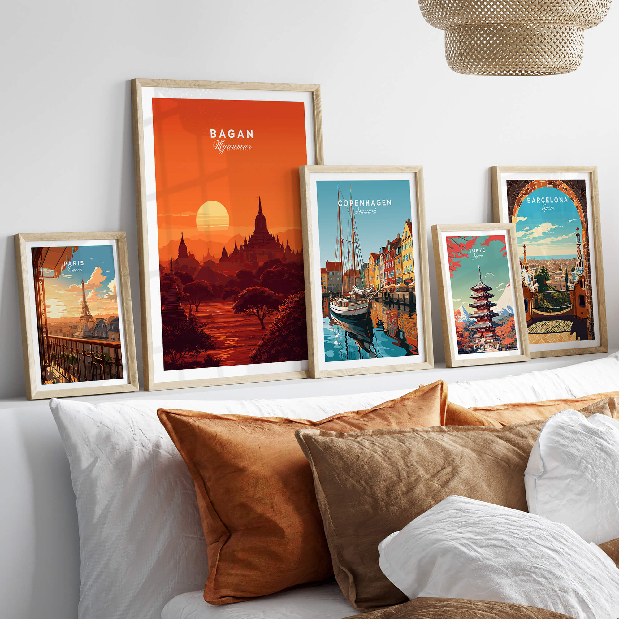 Bagan Travel Poster – Minimalist Temple Wall Art showcased in a stylish interior with other travel posters.