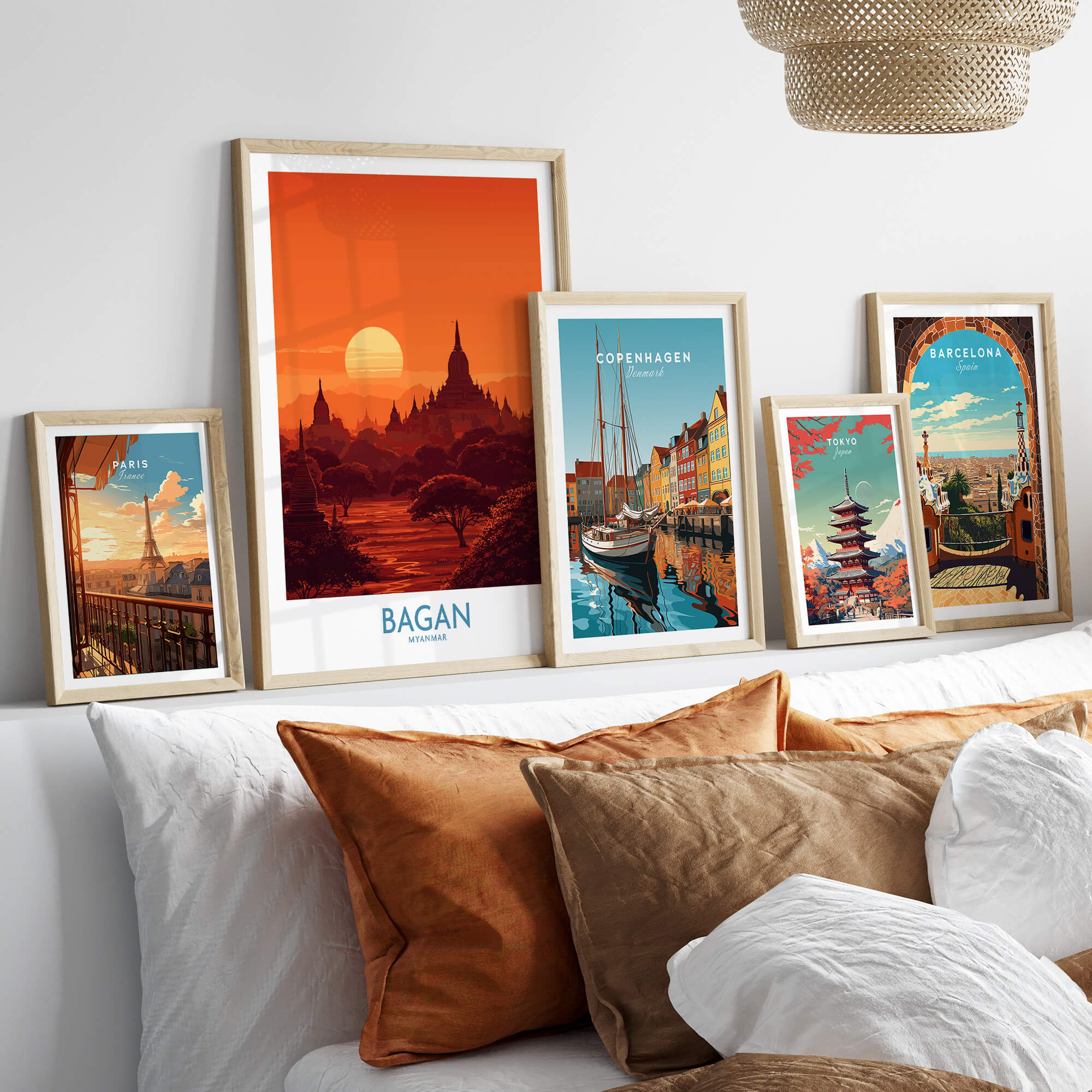 Bagan Myanmar Print – Traditional Pagoda Wall Art displayed in stylish frames on a modern bed.