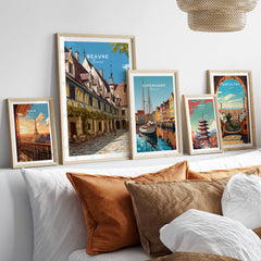 Beaune Travel Poster – Hospices de Beaune Architecture and Courtyard Art framed with other travel posters