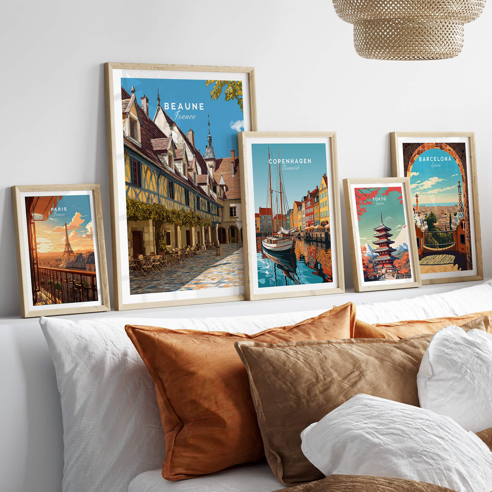Beaune Travel Poster – Hospices de Beaune Architecture and Courtyard Art framed with other travel posters