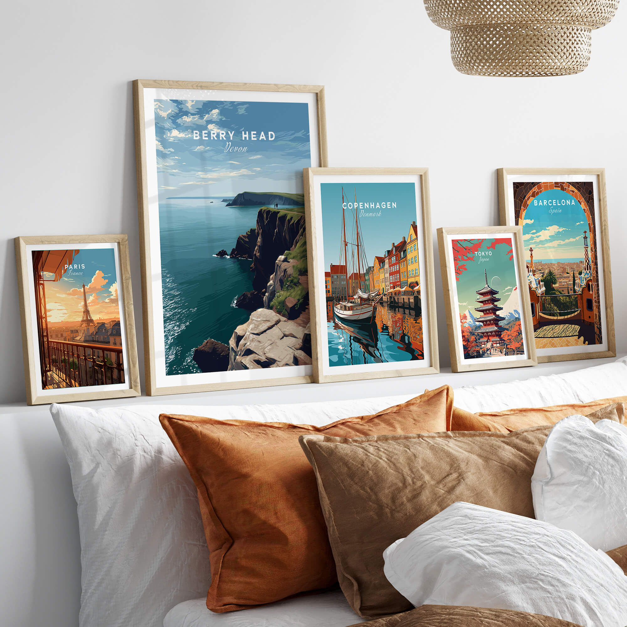 Berry Head Travel Poster – Devon Coastal Cliffs and Ocean View Print displayed among other travel posters.
