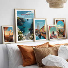 Berry Head Travel Poster – South Devon Coastline and Wildflower Art displayed among other travel posters on a stylish decor.