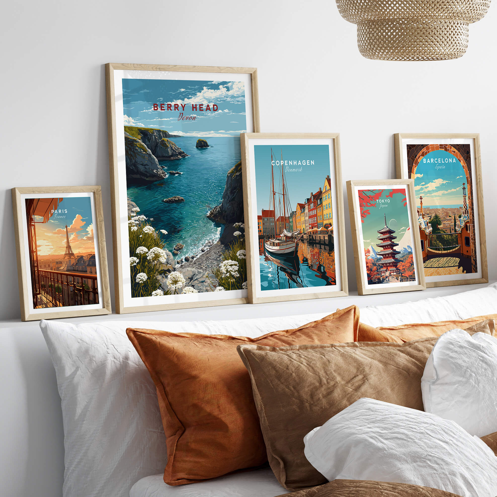 Berry Head Travel Poster – South Devon Coastline and Wildflower Art displayed among other travel posters on a stylish decor.