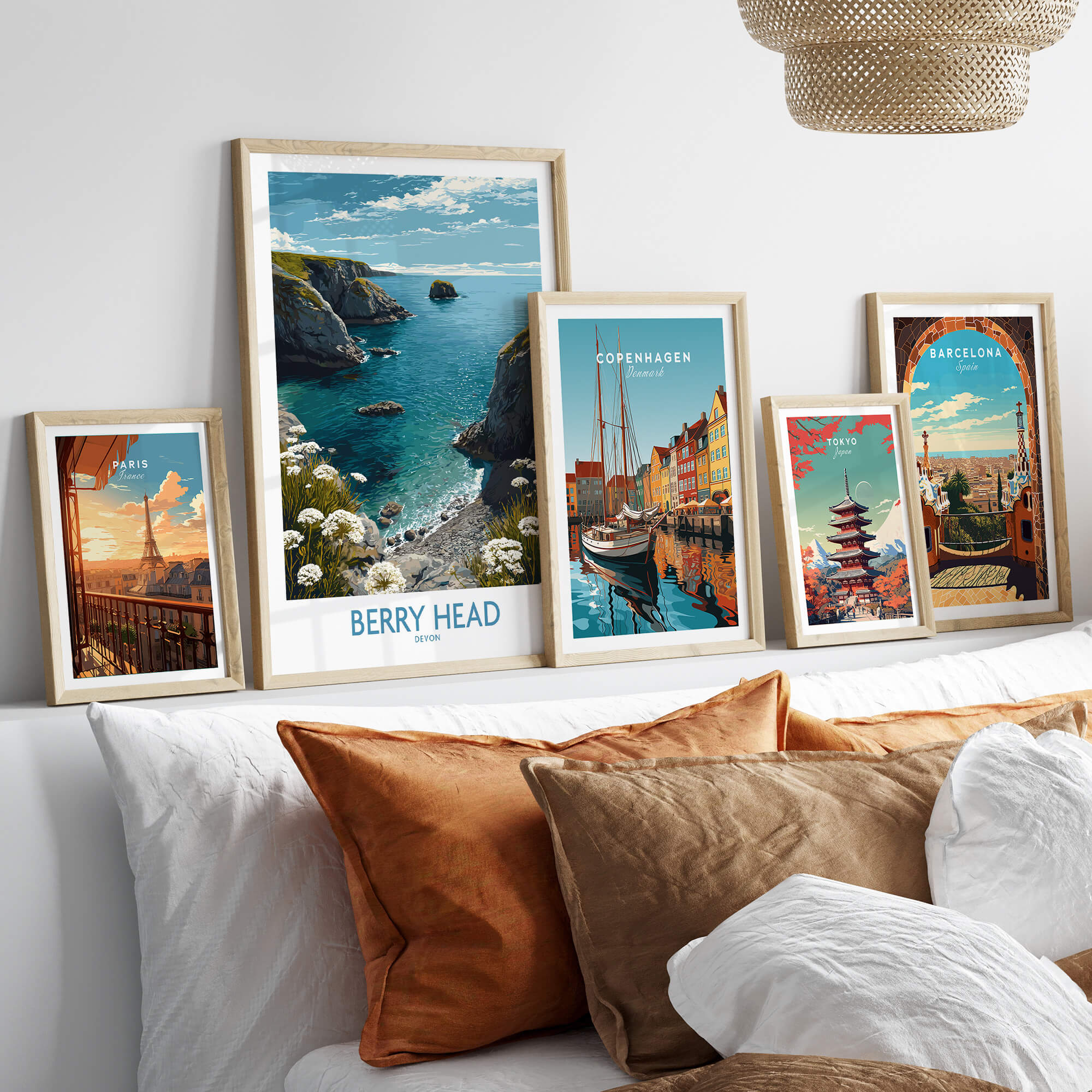 Berry Head Devon Print – Rocky Cliffs and Turquoise Sea Wall Decor displayed among other travel art prints.