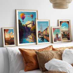 Bristol Travel Poster – Clifton Suspension Bridge and Hot Air Balloons Art displayed among other travel posters.