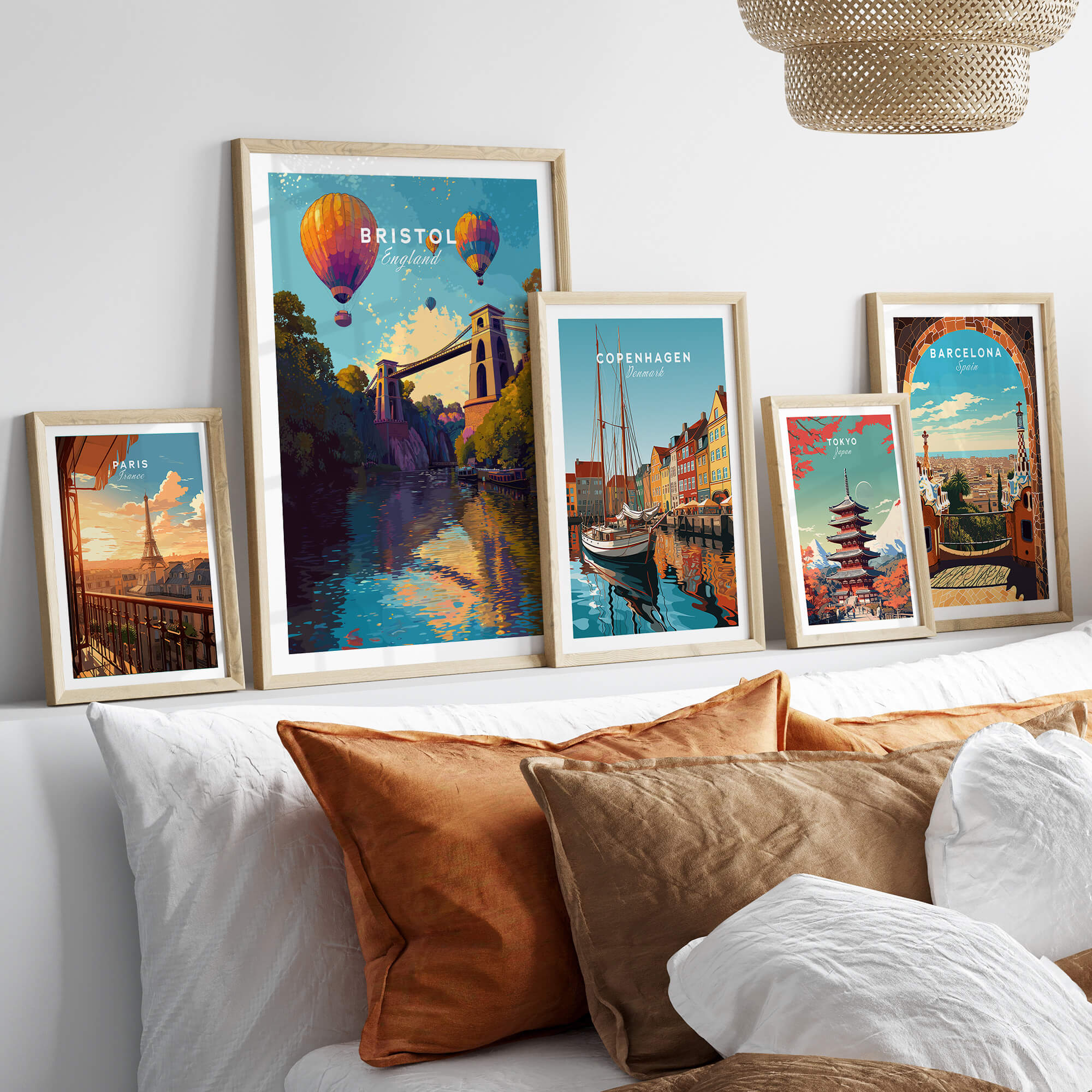 Bristol Travel Poster – Clifton Suspension Bridge and Hot Air Balloons Art displayed among other travel posters.