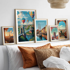 Bristol Travel Poster – Cityscape and Clifton Suspension Bridge Print displayed among other travel posters.