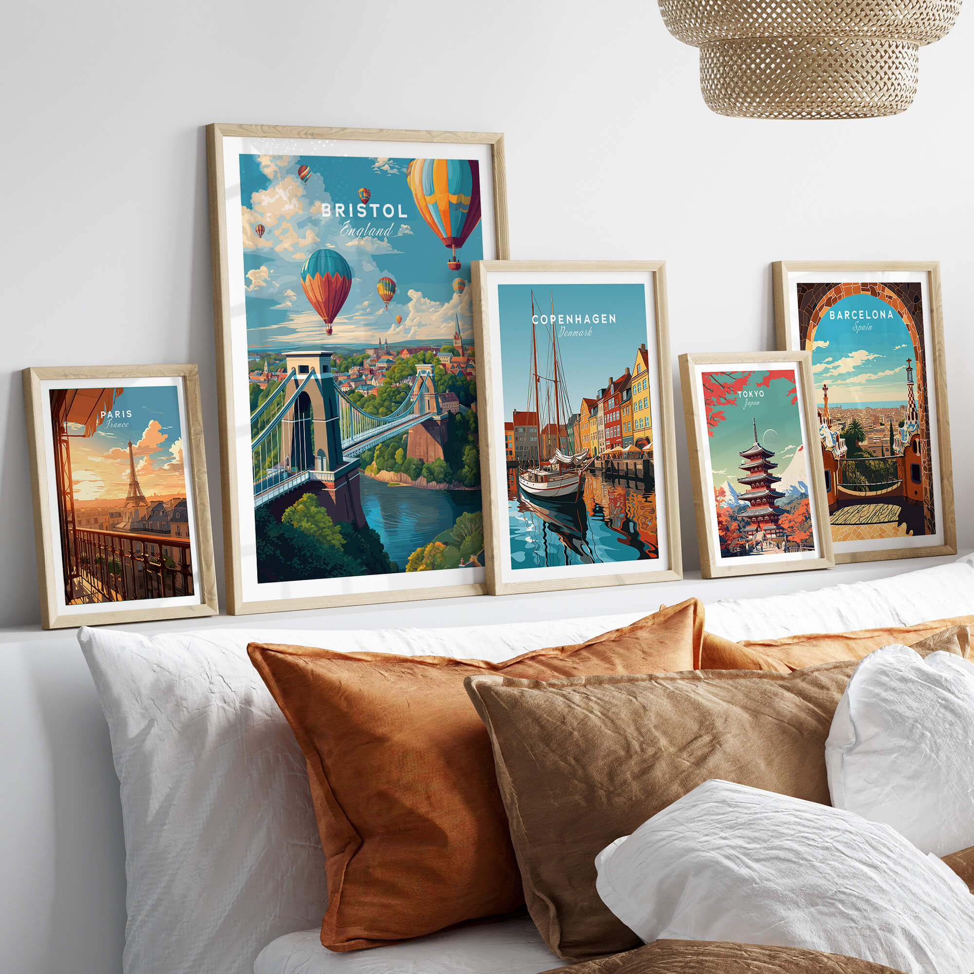 Bristol Travel Poster – Cityscape and Clifton Suspension Bridge Print displayed among other travel posters.
