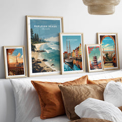 Burleigh Heads Australia Poster – Gold Coast Skyline & Iconic Surf Beach Wall Art displayed among other travel posters