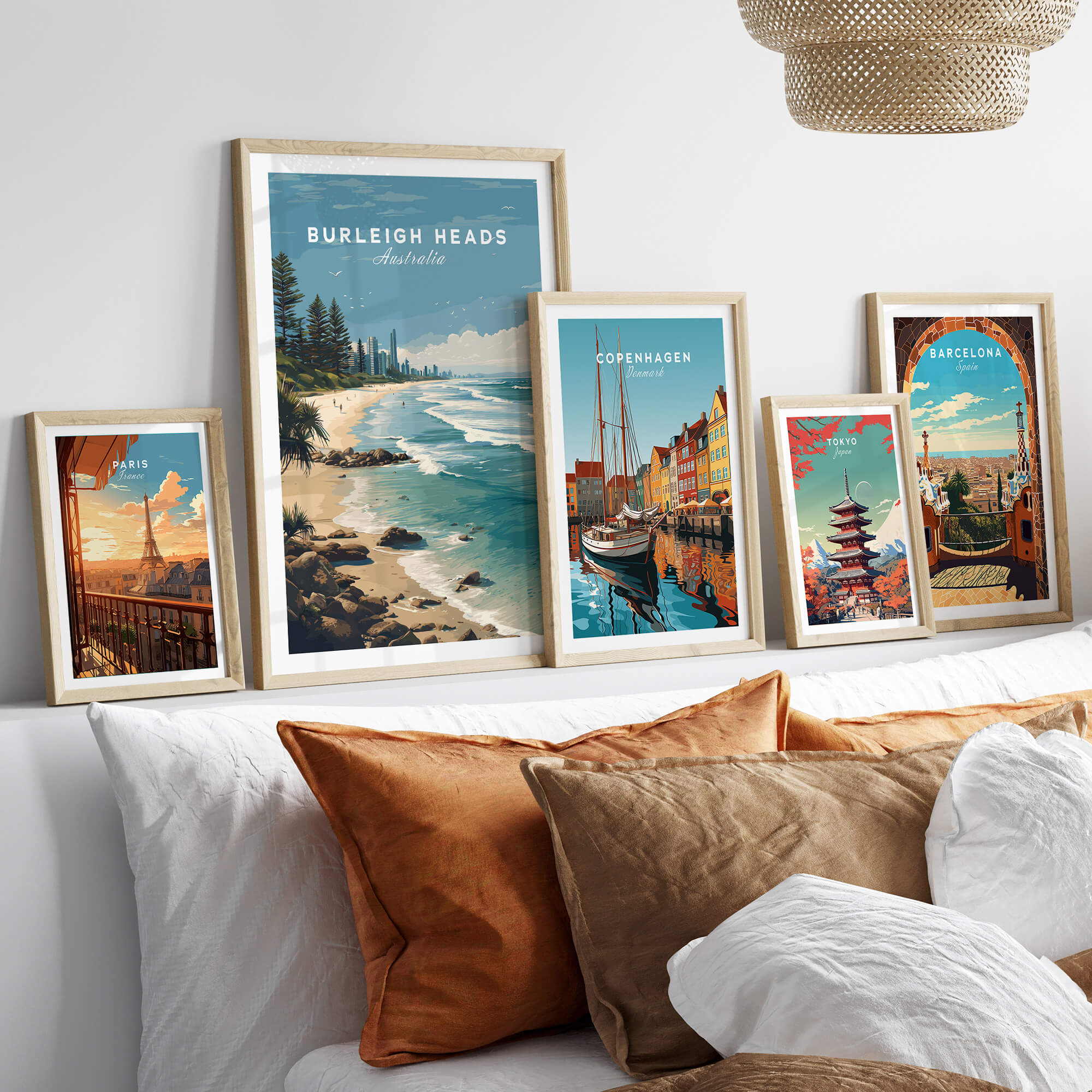 Burleigh Heads Australia Poster – Gold Coast Skyline & Iconic Surf Beach Wall Art displayed among other travel posters