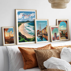 Byron Bay Beach Print - Australia Wall Art displayed in a stylish living room with cozy pillows and a modern decor.