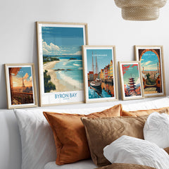 Byron Bay Wall Art Australia Travel Print featuring coastal views and vibrant designs in an artistic display.