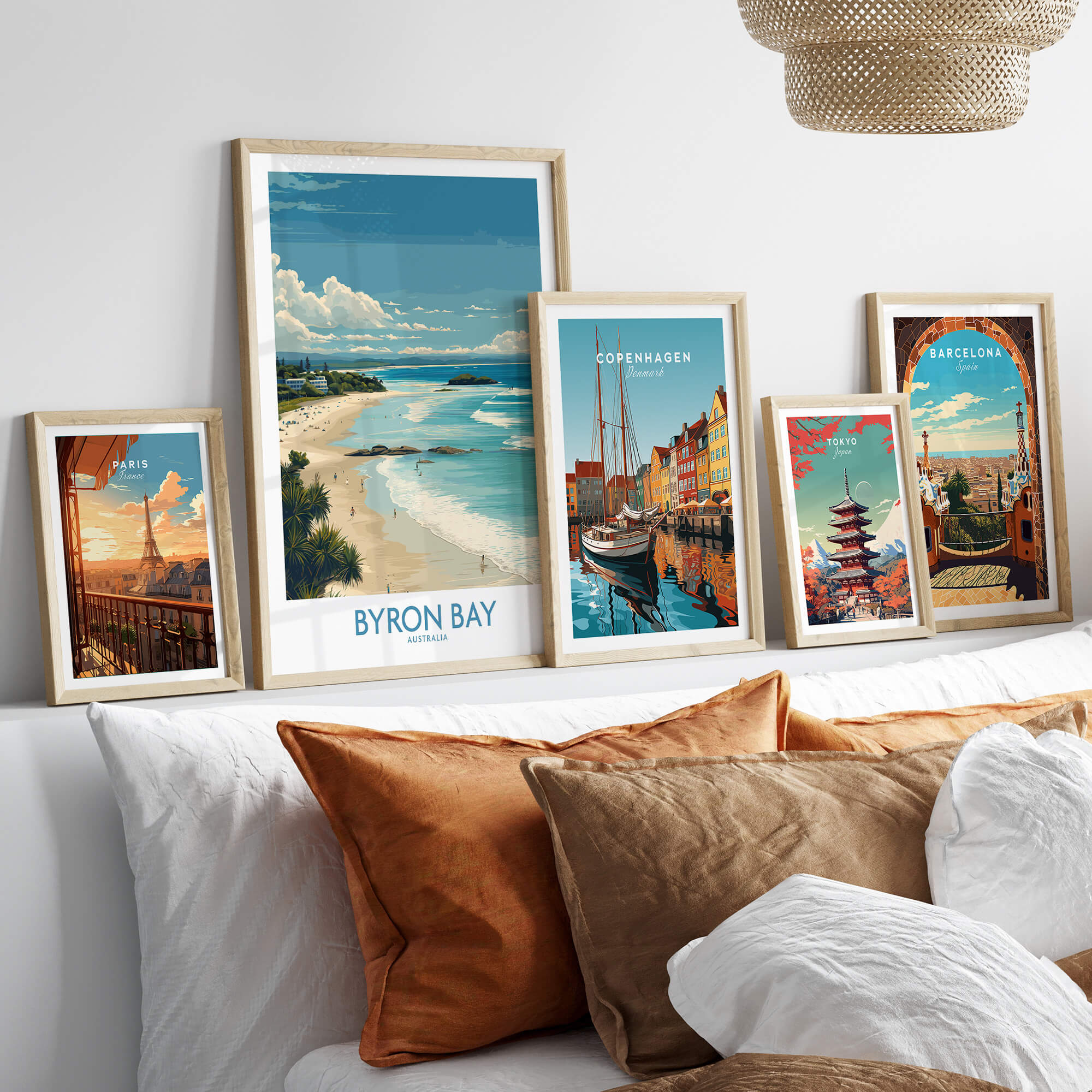 Byron Bay Wall Art Australia Travel Print featuring coastal views and vibrant designs in an artistic display.