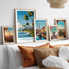 Captiva Island Florida Wall Art – Tropical Coastline and Sailboat Decor displayed in stylish frames on a cozy sofa.