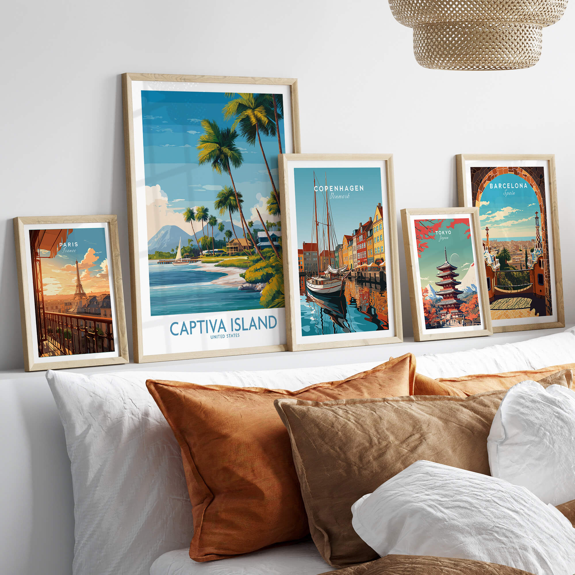 Captiva Island Florida Wall Art – Tropical Coastline and Sailboat Decor displayed in stylish frames on a cozy sofa.