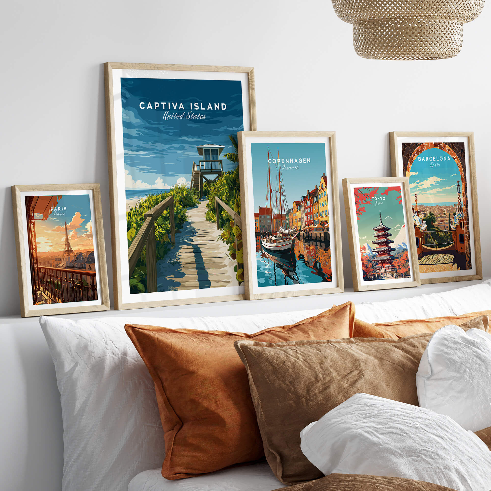 Captiva Island Poster – Florida Beach Print displayed among other travel posters on a stylish decor setup.
