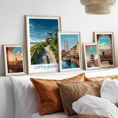 Captiva Island Florida Wall Art – Tropical Art displayed among other city artworks on a cozy sofa.