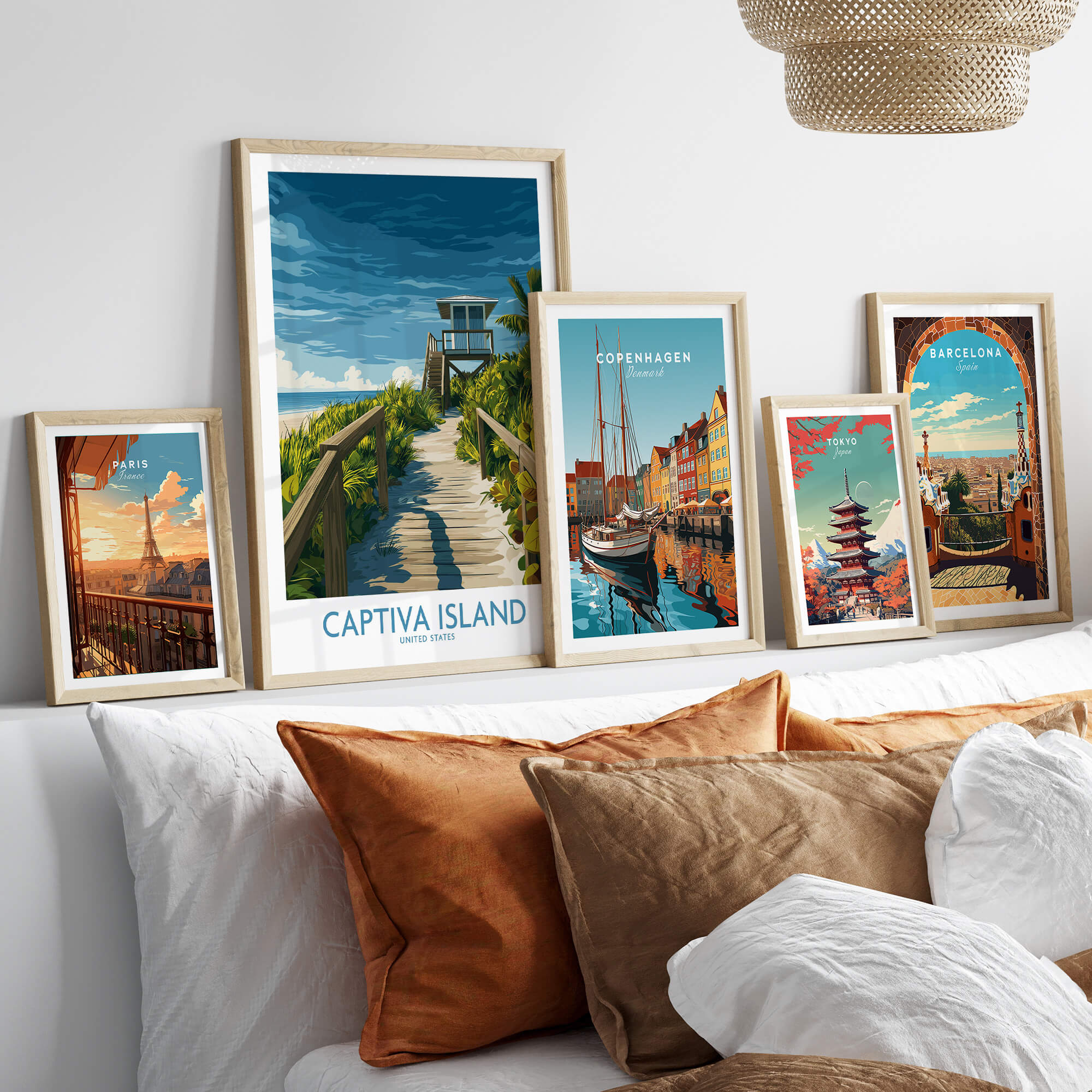 Captiva Island Florida Wall Art – Tropical Art displayed among other city artworks on a cozy sofa.